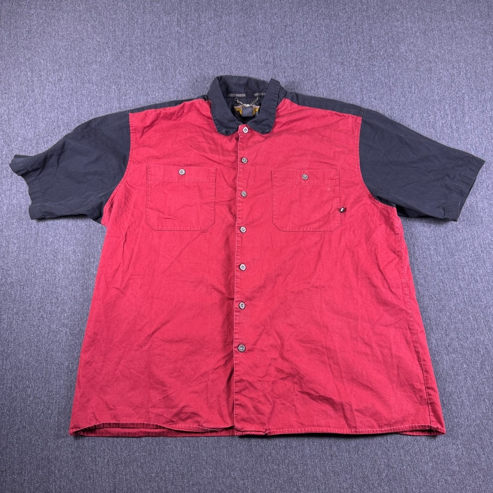 Harley Davidson Mens Red Black‎ Short Sleeve Skull Button Up Shirt Size 2XL